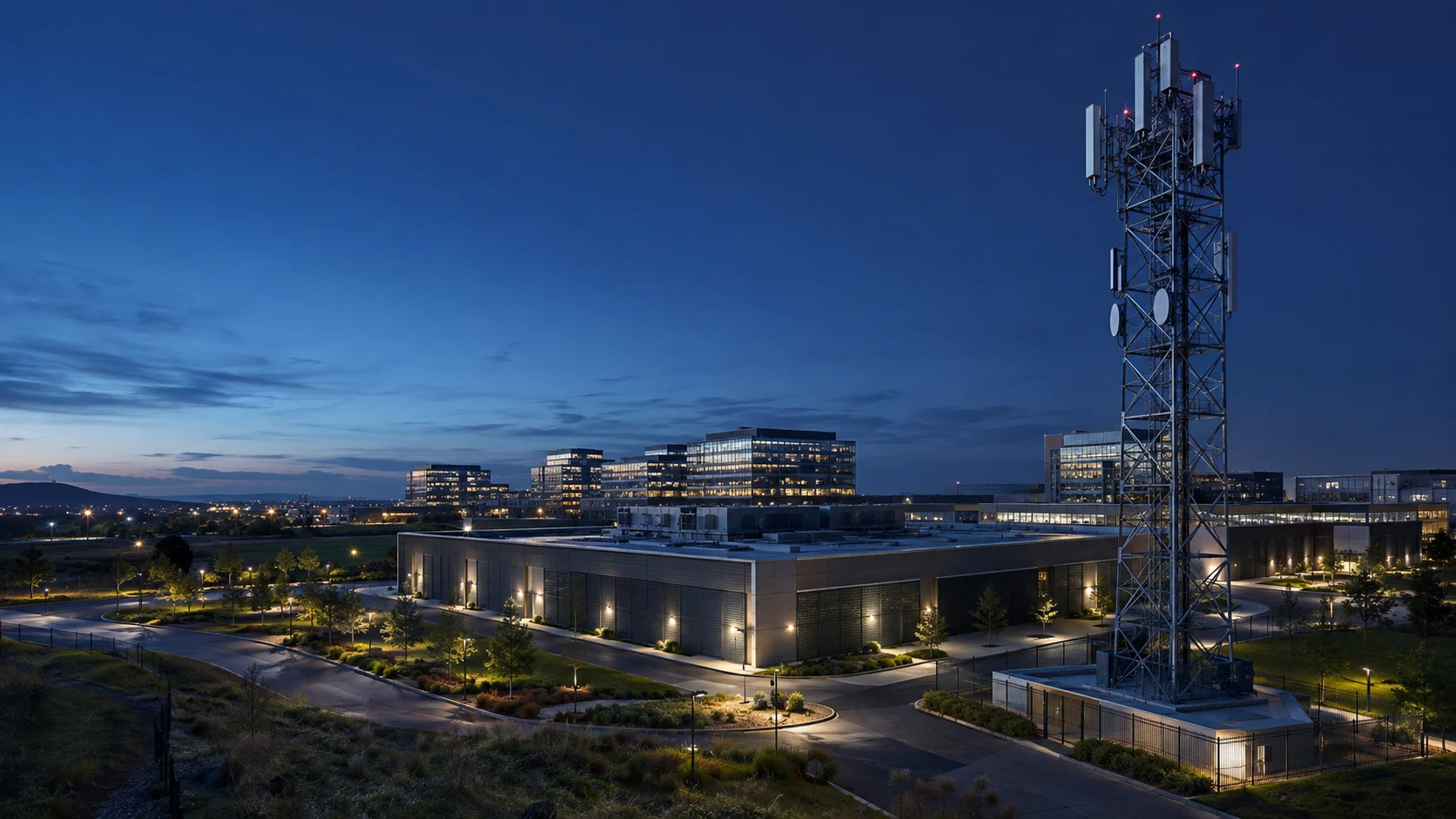 Conceptual telecommunications tower and modern infrastructure campus at blue hour